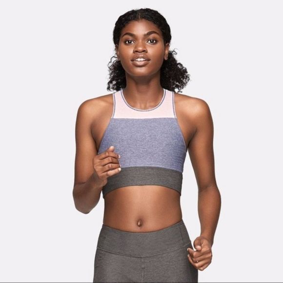 Outdoor Voices Tri-Color Slashback Yoga Crop Top XS Ballet Storm Olive Textured - Picture 11 of 11